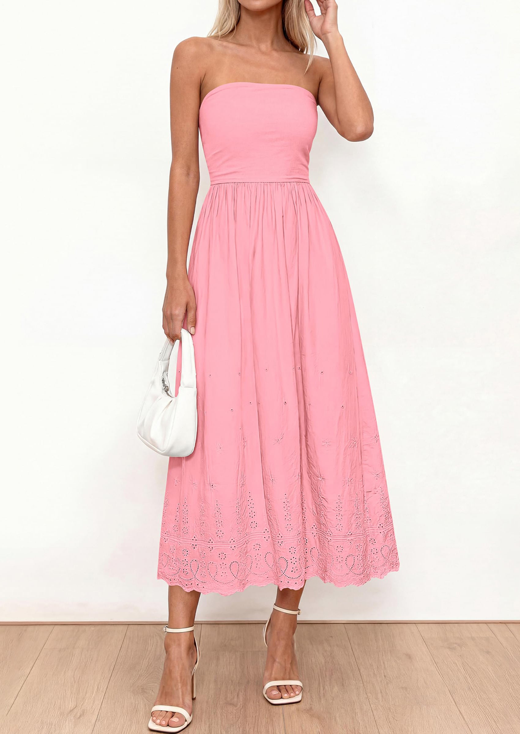 PRETTYGARDEN Womens Summer Dresses Sexy Sleeveless Tube Top Long Dress Eyelet Cotton Maxi Beach Sundress Pockets