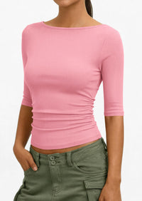 PRETTYGARDEN Womens Summer Short Sleeve Tops Boat Neck Ribbed Knit Slim Fit T Shirt Casual Basic Top Spring Clothes PRETTYGARDEN