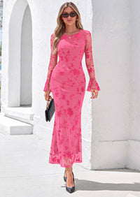 PRETTYGARDEN Women's Long Sleeve Maxi Floral Mesh Fall Wedding Guest Dress