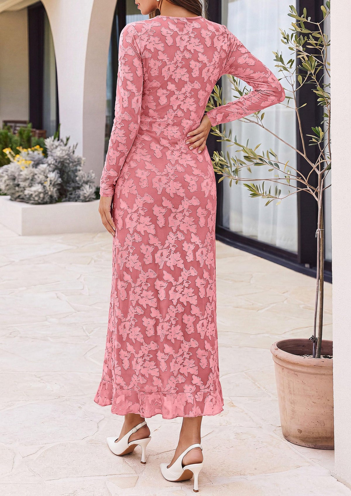 PRETTYGARDEN Women's Formal Maxi Floral Dresses with Slit  Long Sleeve Ruffle Hem, Elegant Outfit for Wedding Guest & Cocktail Party, Bodycon Crewneck Mesh Dresses, Fall Fashion 2026