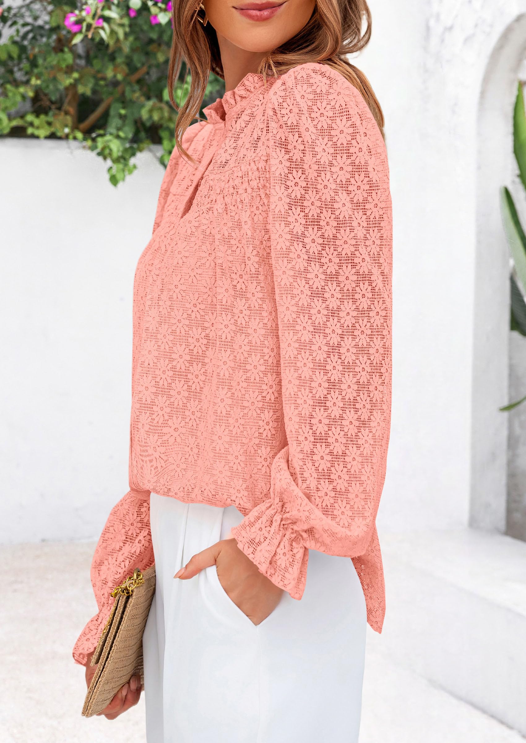 PRETTYGARDEN Lace Long Sleeve Tops for Women Eyelet Blouses Dressy Casual Hollow Out Button Down Shirts Summer Outfits