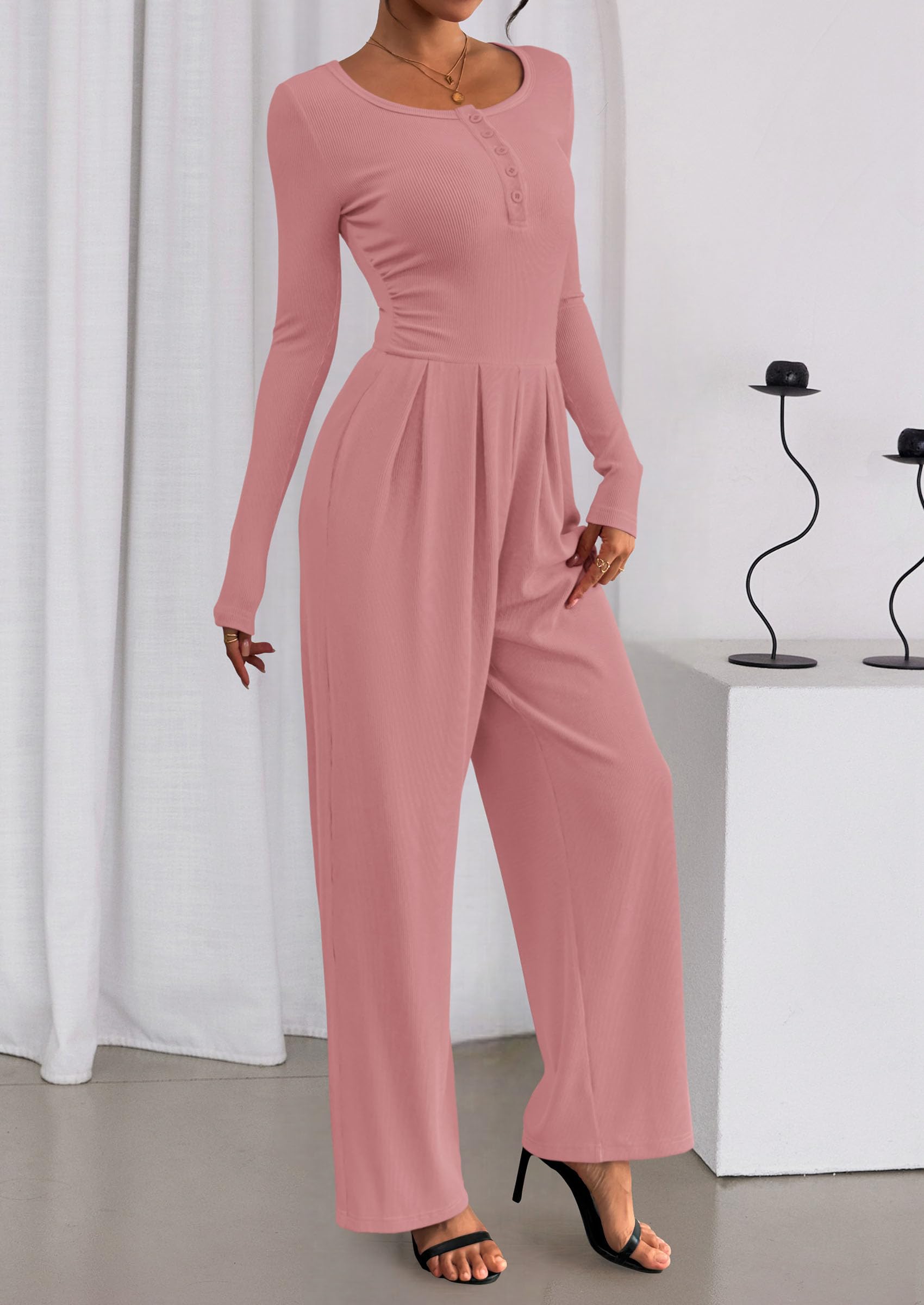PRETTYGARDEN Jumpsuits for Women Dressy Casual Fall One Piece Outfits Long Sleeve Crew Neck Wide Leg Pants Rompers