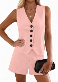 PRETTYGARDEN 2 Piece Sets for Women Spring Fashion Button Vest Tops High Waist Shorts Summer Business Casual Outfits PRETTYGARDEN