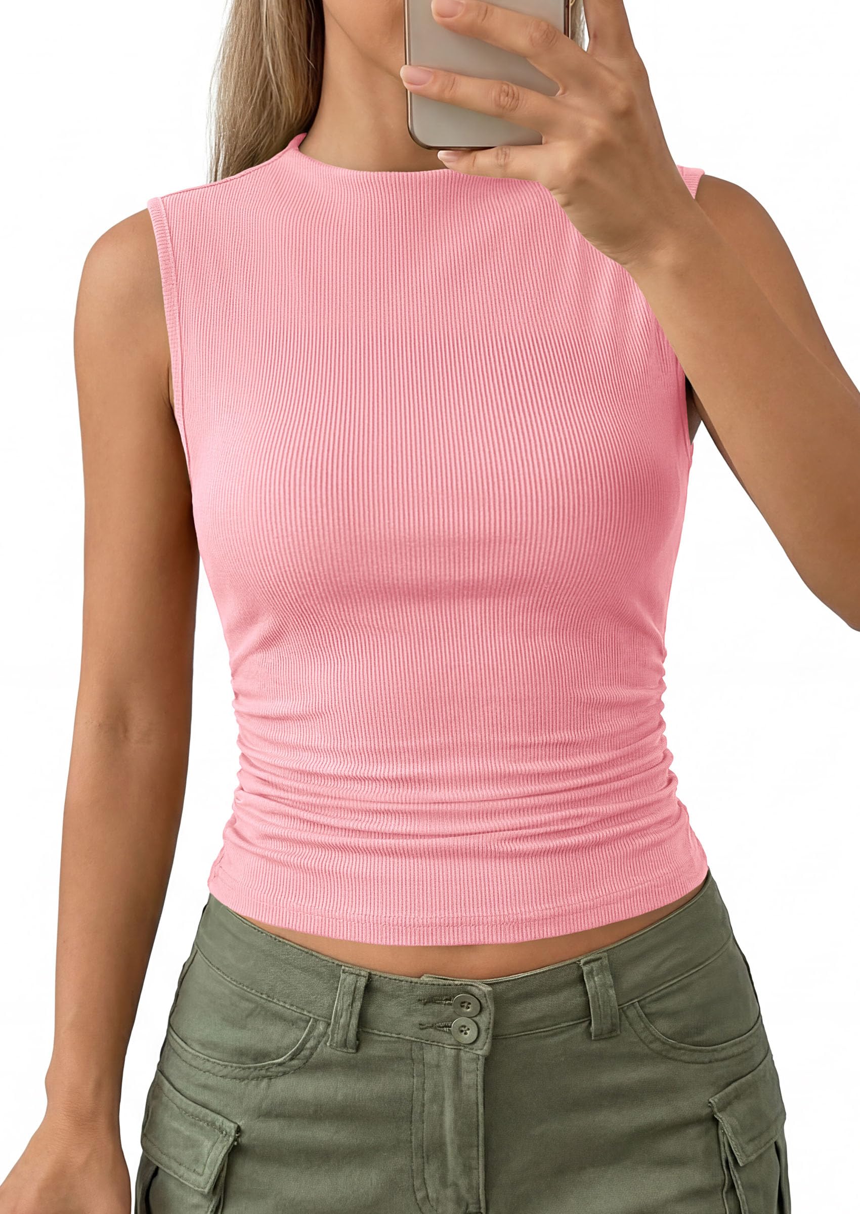 PRETTYGARDEN Tank Top for Women Summer Fashion Clothing Mock Neck Ribbed Knit Slim Fitted Shirts Going Out Tops PRETTYGARDEN