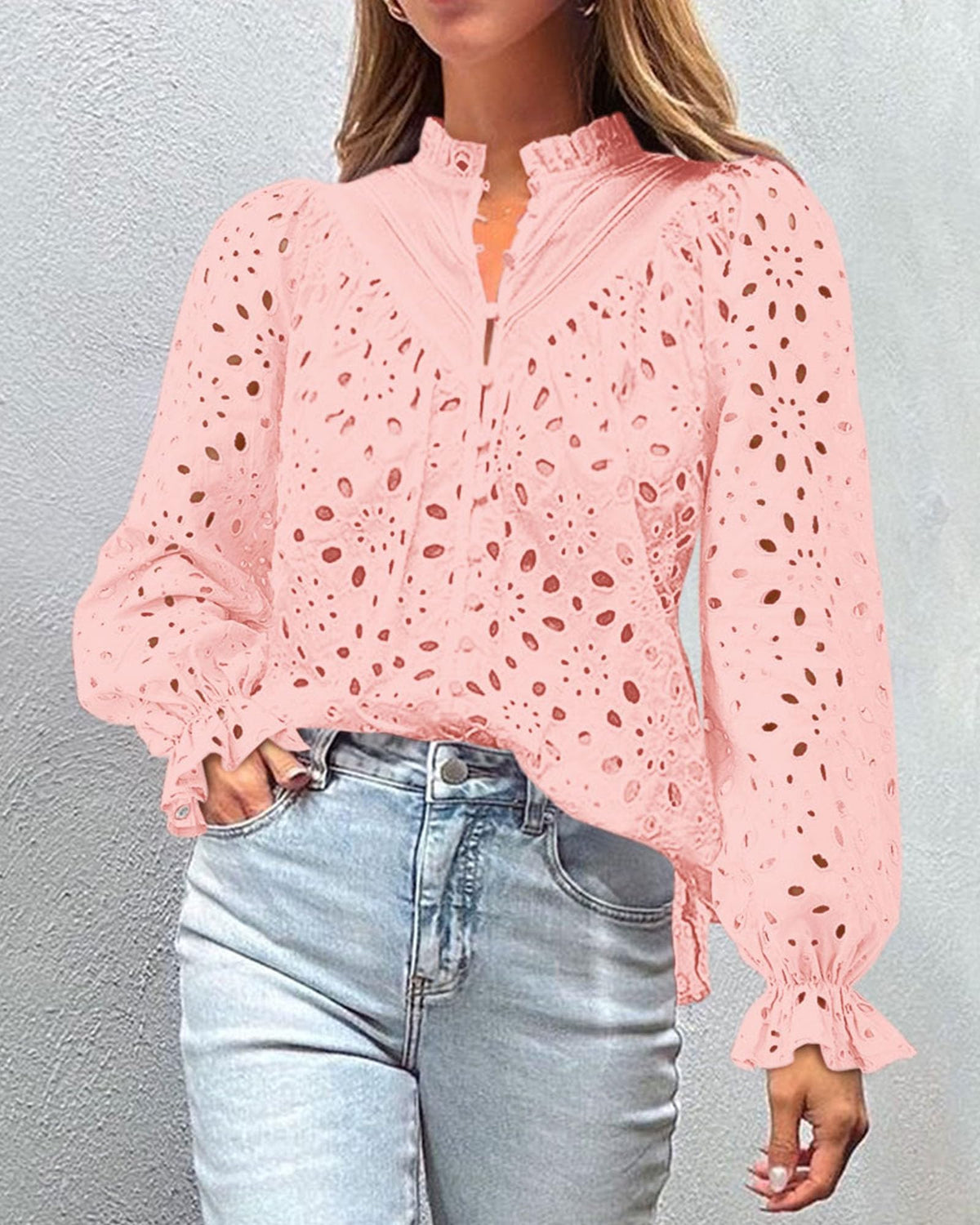 Women's Dressy Casual Blouse Tops Puff Long Sleeve Button V Neck Hollow Out Lace Embroidered Pullover Shirts