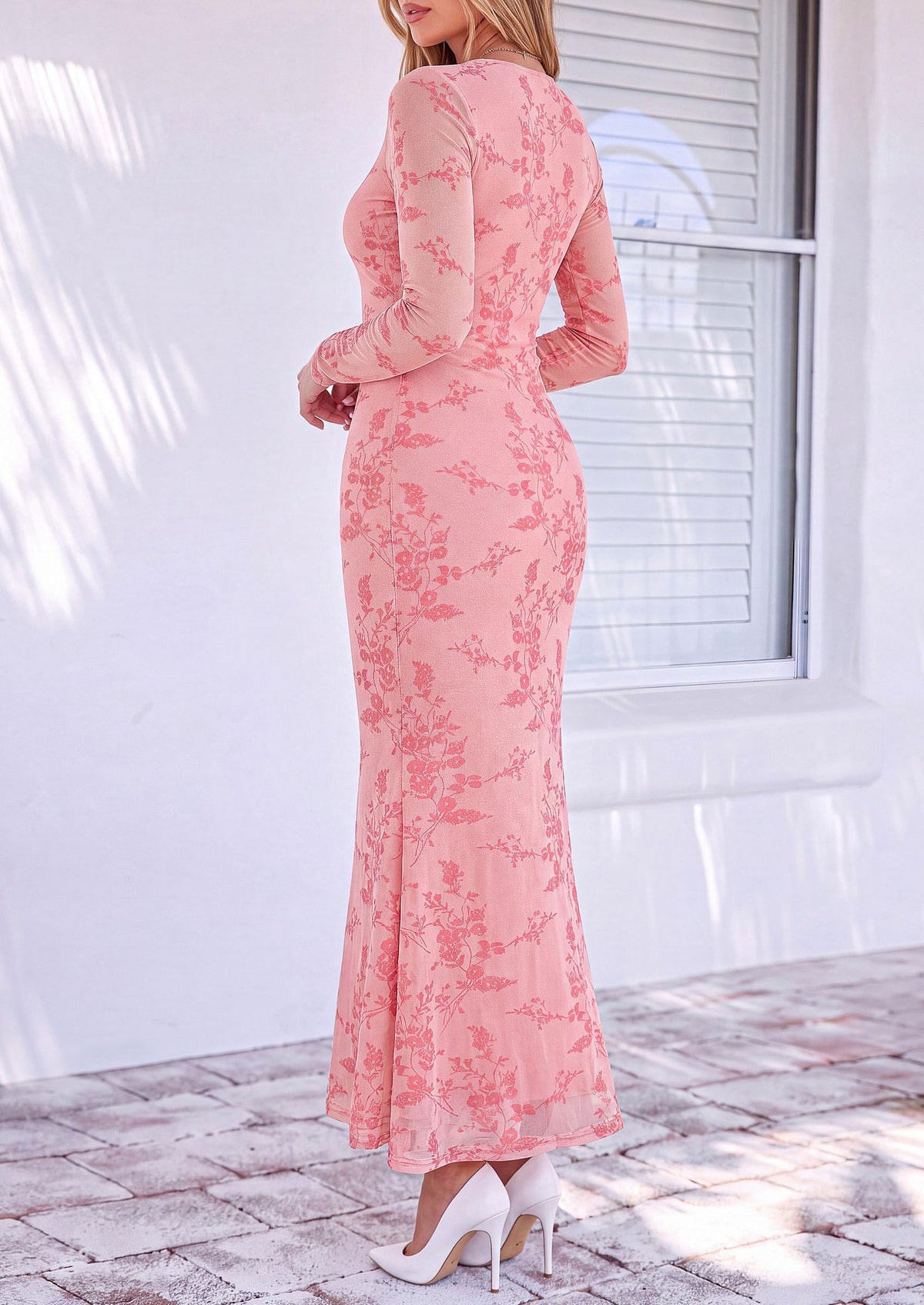 PRETTYGARDEN Women's Long Sleeve Floral Maxi Bodycon Dress  Cocktail Dresses for Wedding Guest, Square Neck, Stretchy Mesh, Elegant Classy, Formal Holiday Party, Fall Date Night Outfits