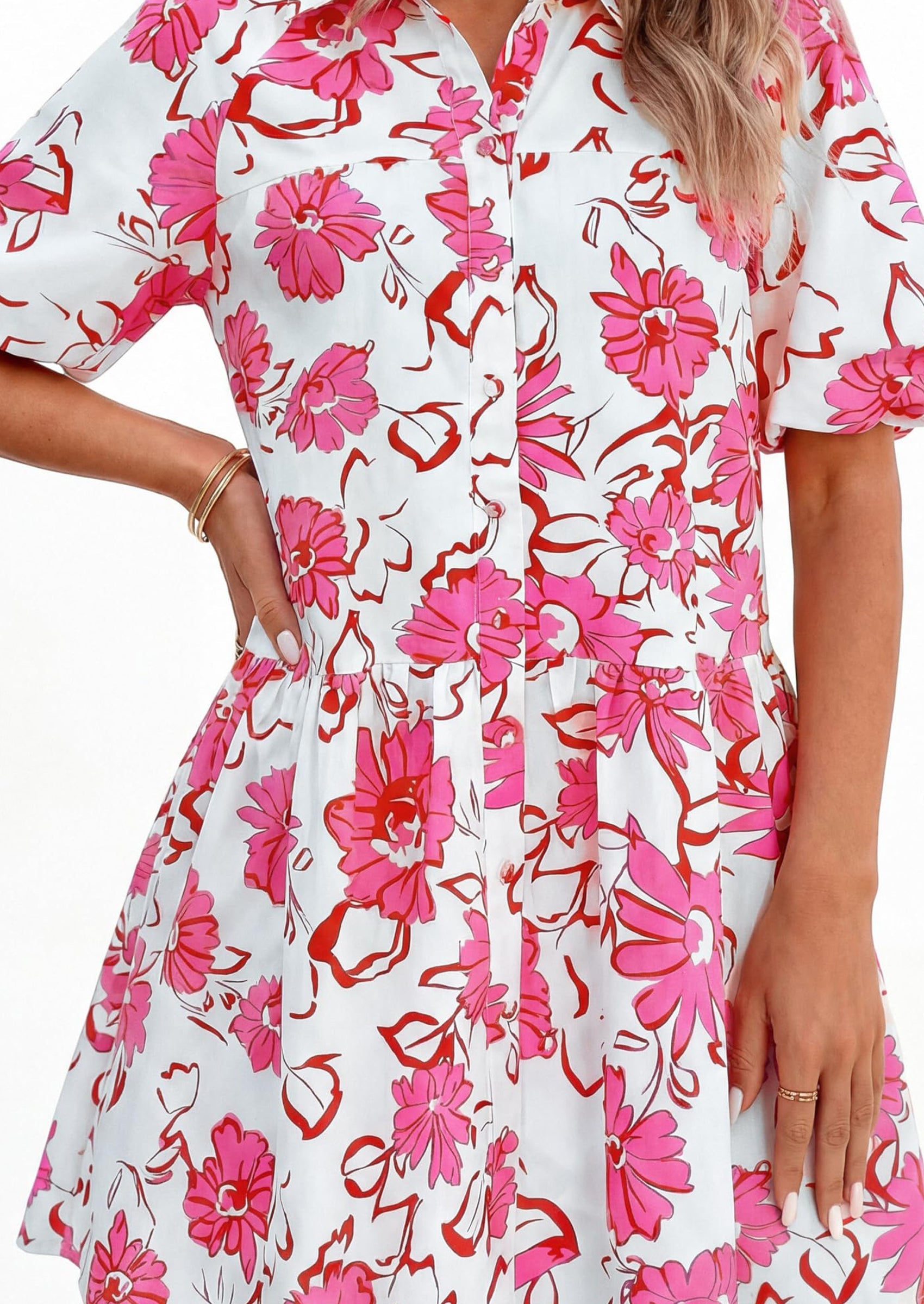 PRETTYGARDEN Womens Summer Dresses 2026 Casual Puff Sleeve Button Down Mini Shirt Dress Boho Floral Babydoll Sun Dress PRETTYGARDEN