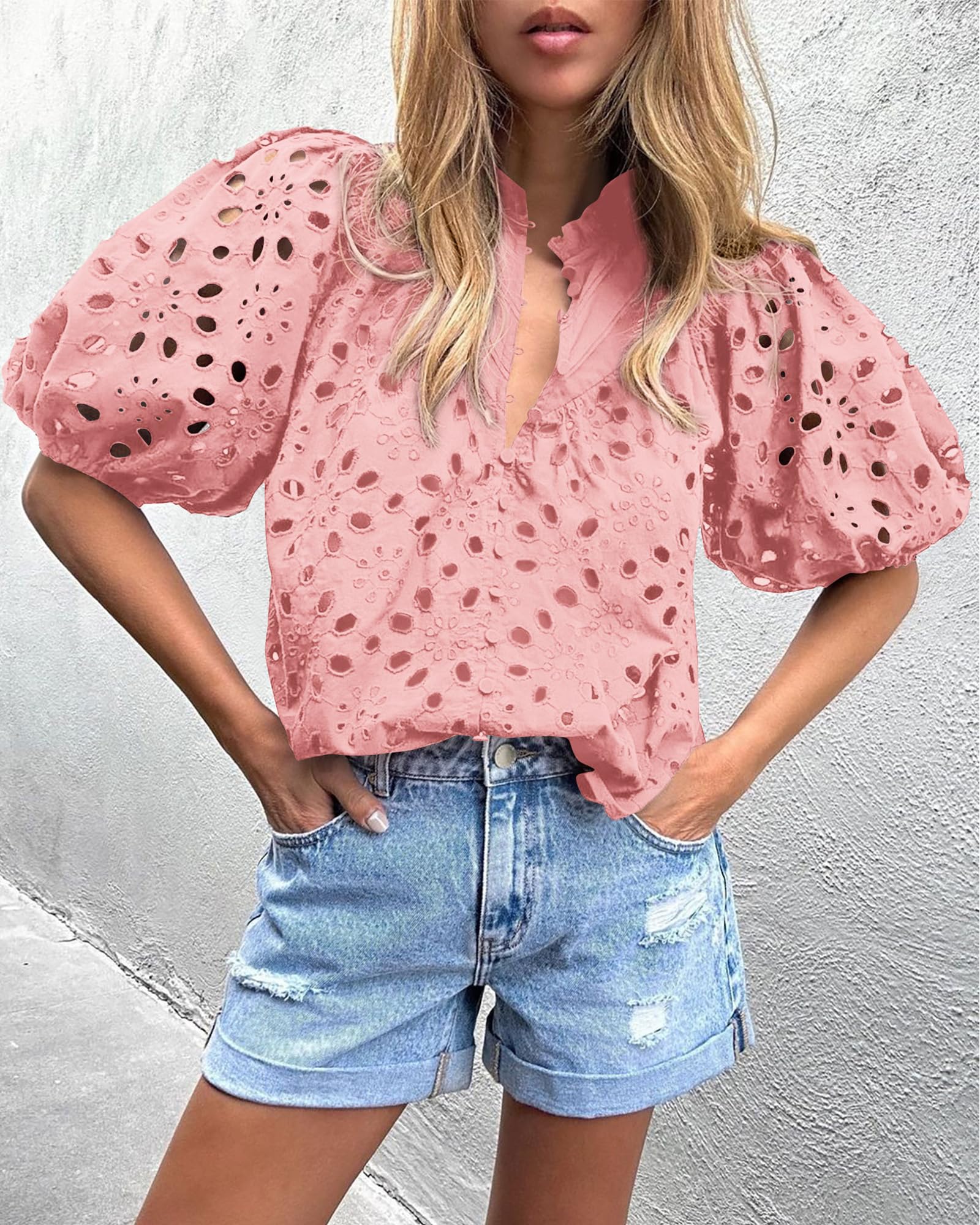 PRETTYGARDEN Women's Summer Short Sleeve Tops Dressy Casual Buttons V Neck Hollow Out Lace Embroidered Blouses Shirts