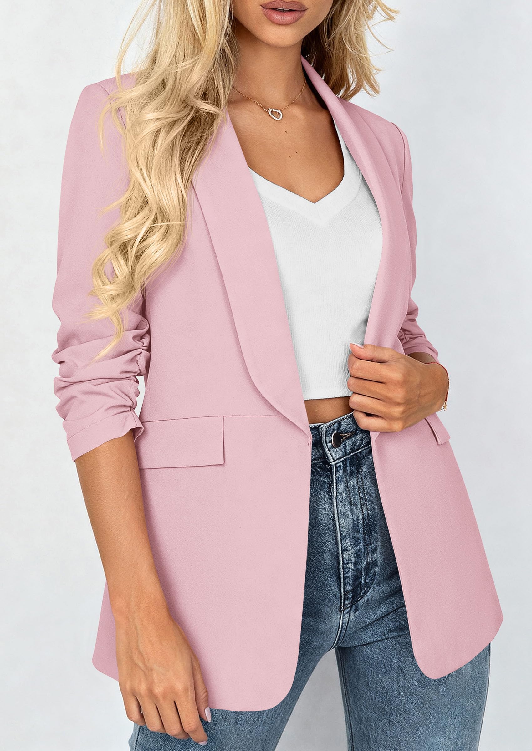 PRETTYGARDEN Women's Spring Blazers Business Casual Outfits Open Front Ruched 3/4 Sleeve Lightweight Work Suits Jackets PRETTYGARDEN