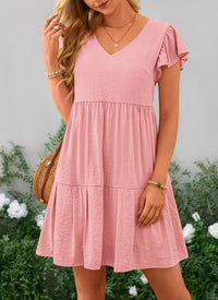 Summer Casual Cap Sleeve V Neck Tiered Ruffle Swing A Line Dresses