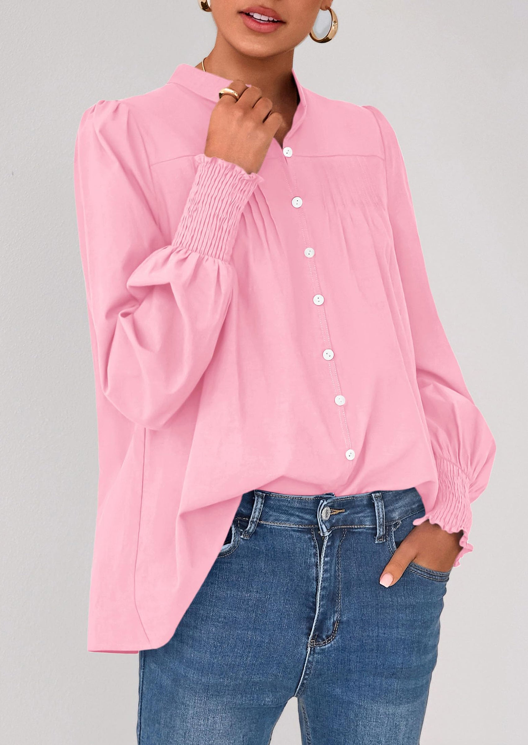 PRETTYGARDEN Womens Fall Lantern Long Sleeve Shirts Trendy Button V Neck Pleated Henley Tops Loose Work Blouses