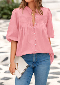 Women's 2025 Summer Short Lantern Sleeve Tops Loose Fit Button Down Shirt Casual Pleated V Neck Blouses