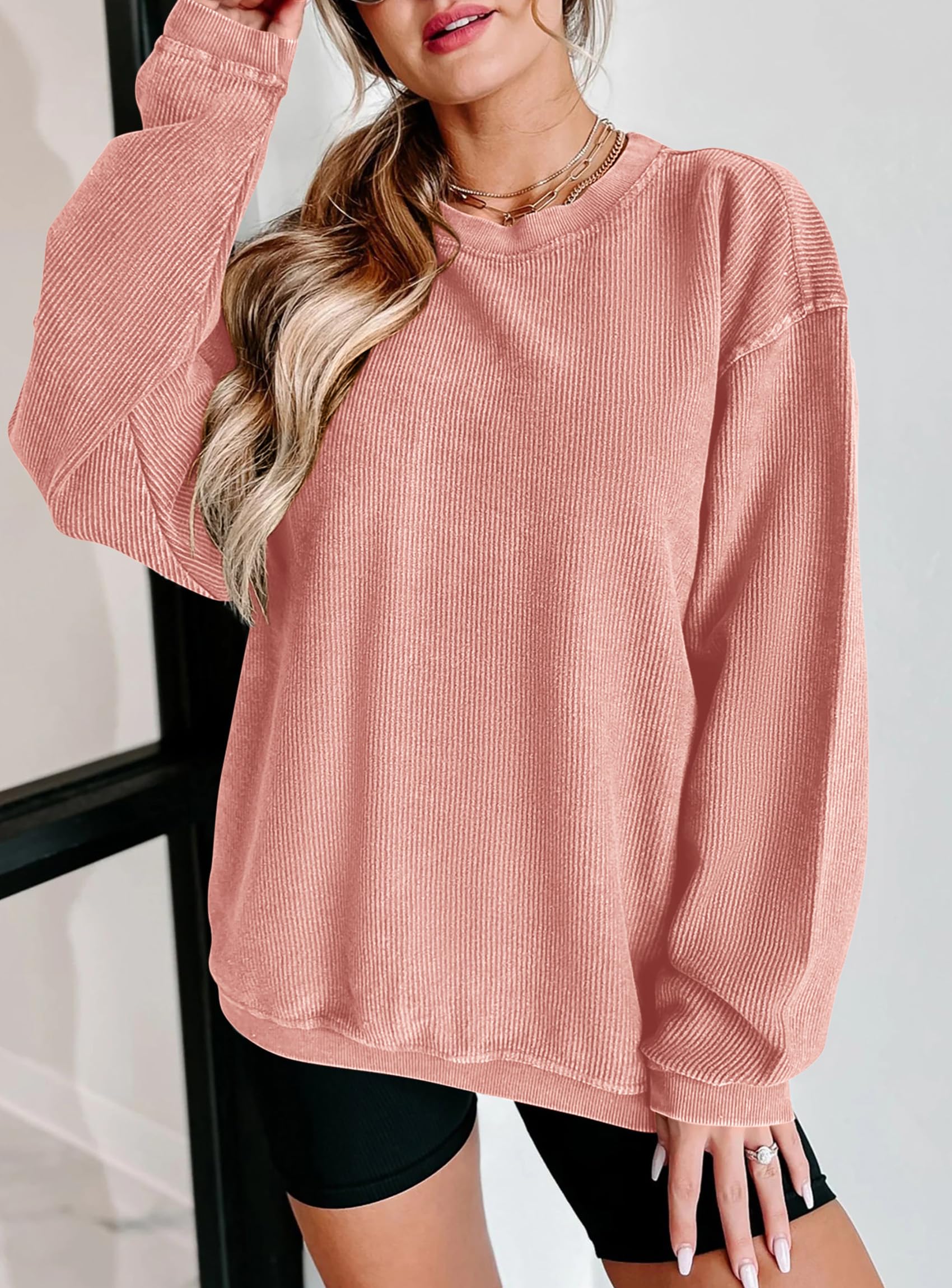 PRETTYGARDEN Women's Oversized Sweatshirt 2025 Fall Fashion Clothes Ribbed Corduroy Long Sleeve Going Out Pullover Tops