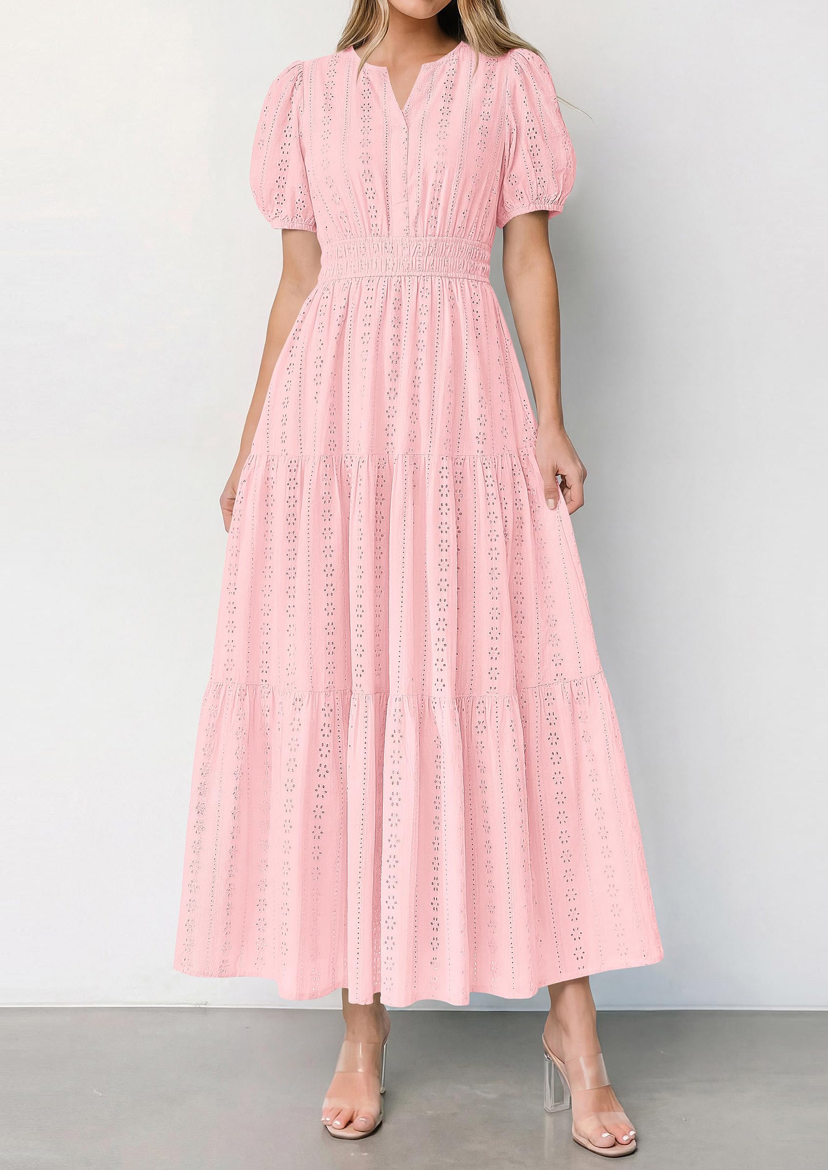 PRETTYGARDEN Womens Summer Maxi Dresses Casual Puff Sleeve V Neck Smocked Flowy Eyelet Cotton Dress Spring Sundress PRETTYGARDEN