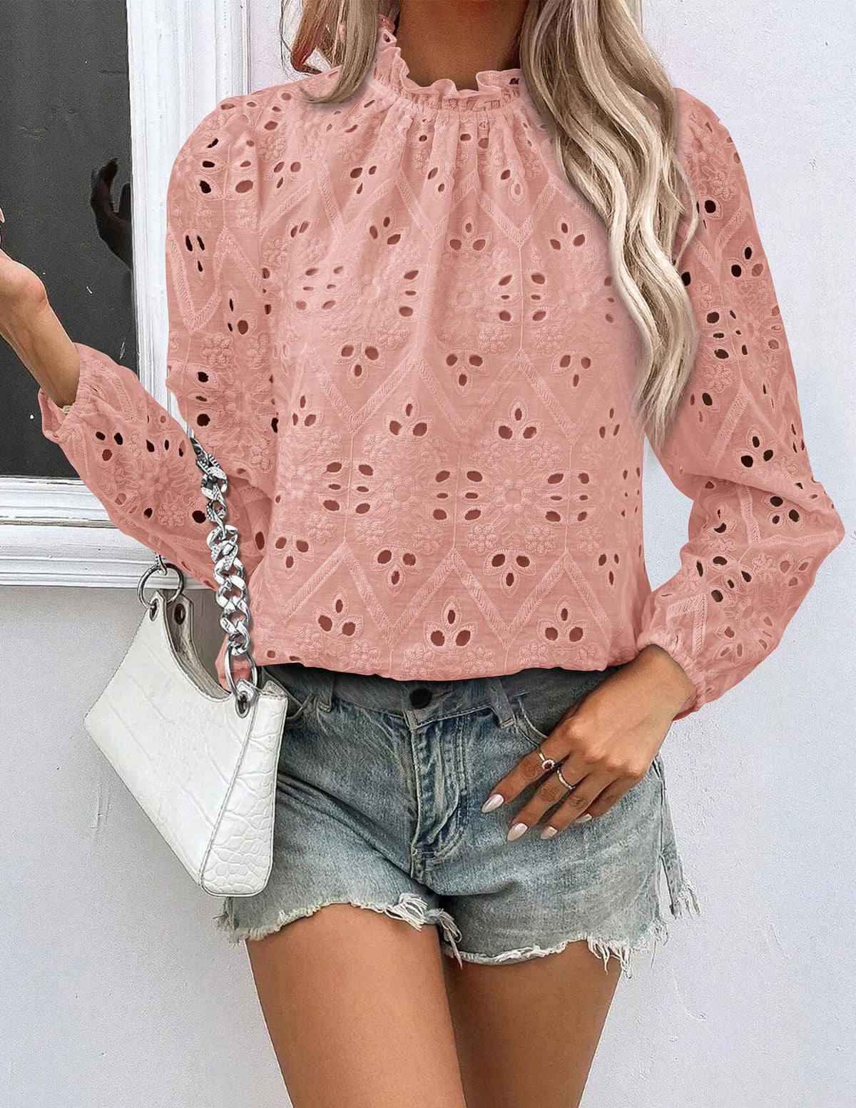 Womens Blouses Dressy Casual Embroidered Long Puff Sleeve Shirts Ruffle Eyelet Lace Top Fall Clothes