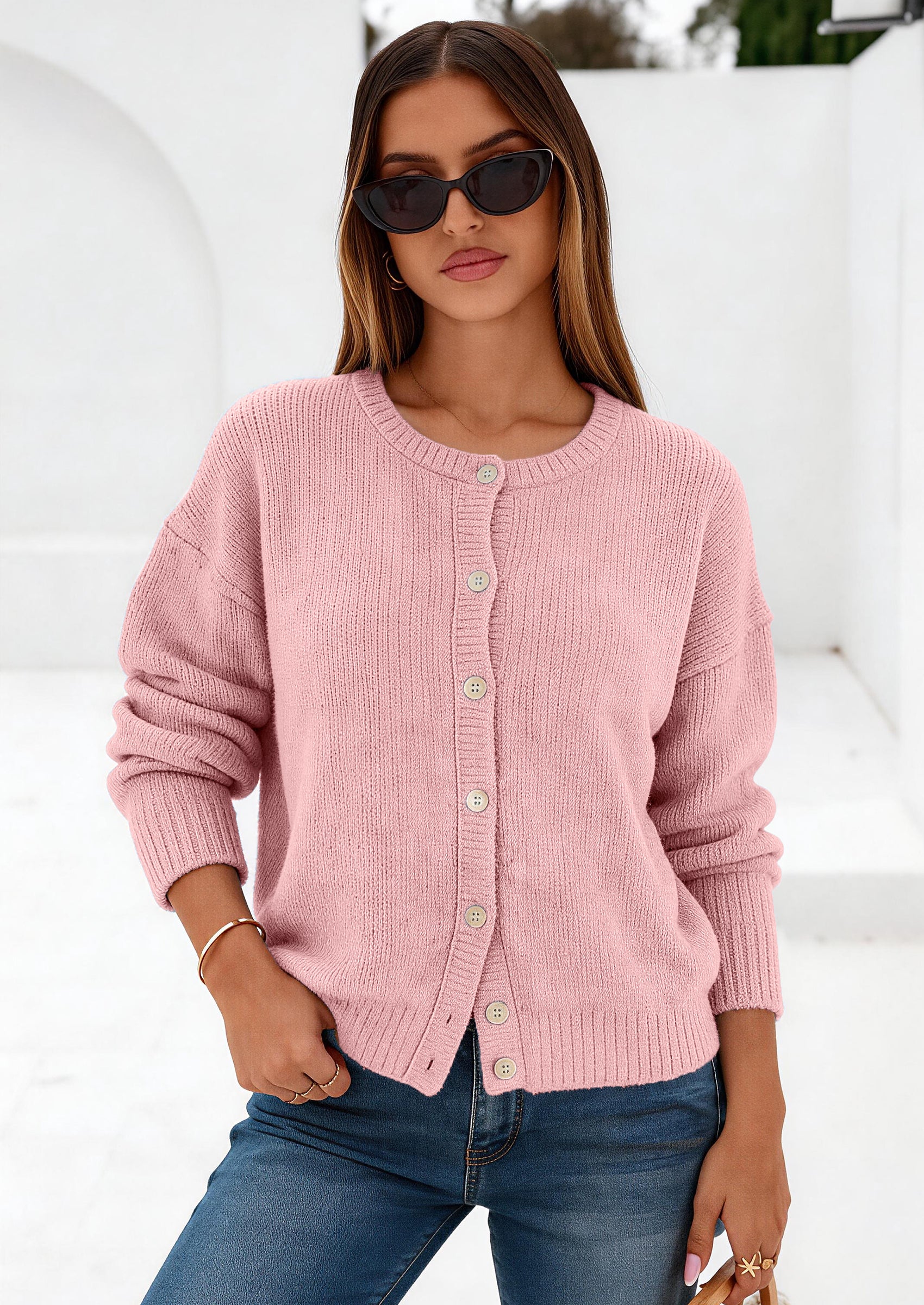 PRETTYGARDEN Long Sleeve Crewneck Button Down Womens Sweaters Fall Open Front Chunky Cardigan Sweaters for Women