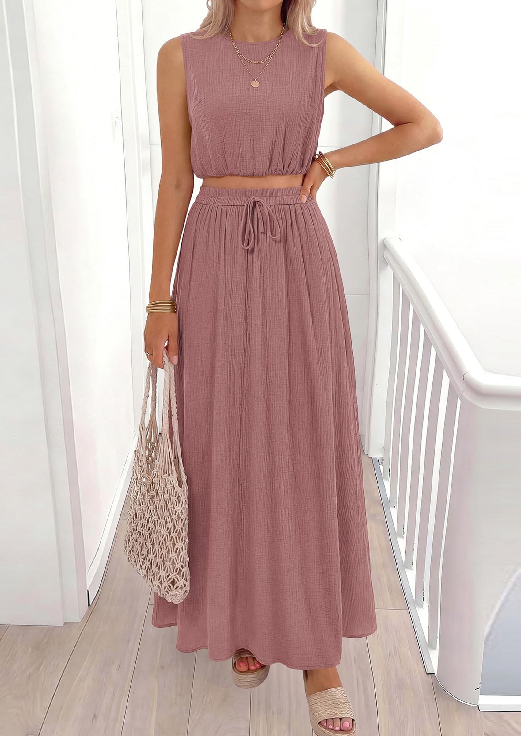PRETTYGARDEN 2 Piece Sets for Women Summer Outfits Fashion Cotton Sleeveless Crop Top Long Maxi Skirt Set with Pockets