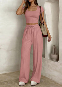 PRETTYGARDEN Women's 2 Piece Matching Lounge Sets Ribbed Short Sleeve Crop Tops Wide Leg Pants Summer Airport Outfits PRETTYGARDEN