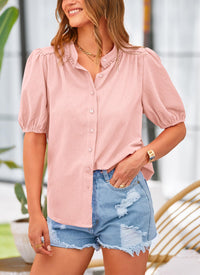 Summer Button Down Short Lantern Sleeve V Neck Cotton Blouses