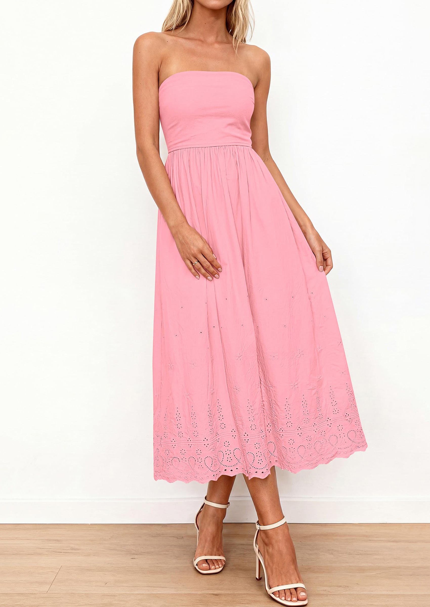 PRETTYGARDEN Womens Summer Dresses Sexy Sleeveless Tube Top Long Dress Eyelet Cotton Maxi Beach Sundress Pockets