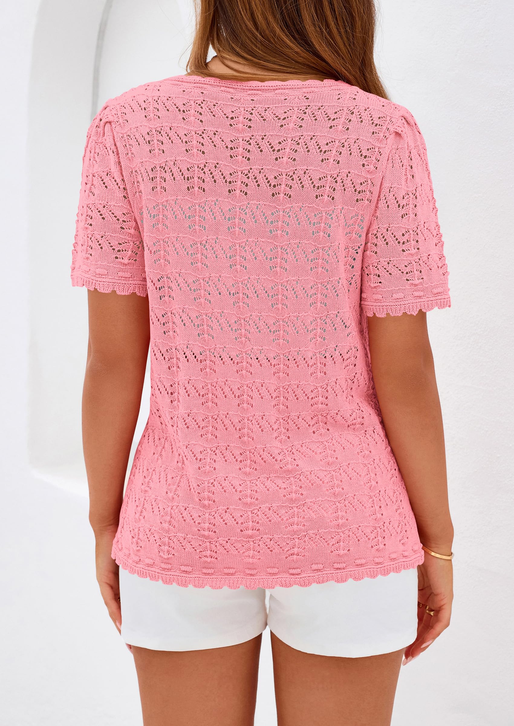 PRETTYGARDEN Women's Short Sleeve Sweater Trendy Crochet Summer Tops Casual Hollow Out Shirts Beach Vacation Clothes PRETTYGARDEN