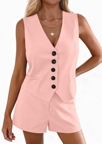 PRETTYGARDEN 2 Piece Sets for Women Spring Fashion Button Vest Tops High Waist Shorts Summer Business Casual Outfits PRETTYGARDEN
