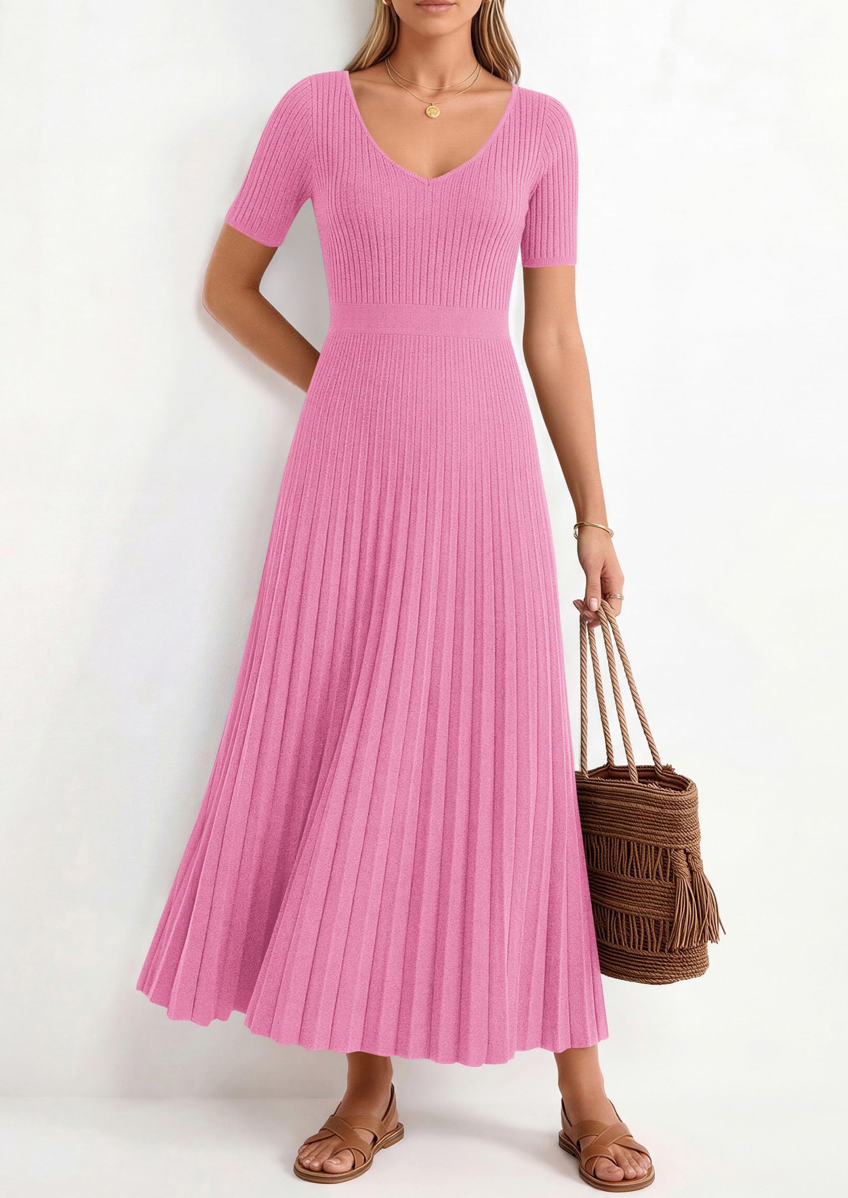 PRETTYGARDEN Women's Spring Midi Sweater Dresses Elegant Pleated Ribbed Knit Short Sleeve V Neck A Line Summer Outfits PRETTYGARDEN