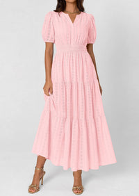 PRETTYGARDEN Womens Summer Maxi Dresses Casual Puff Sleeve V Neck Smocked Flowy Eyelet Cotton Dress Spring Sundress PRETTYGARDEN