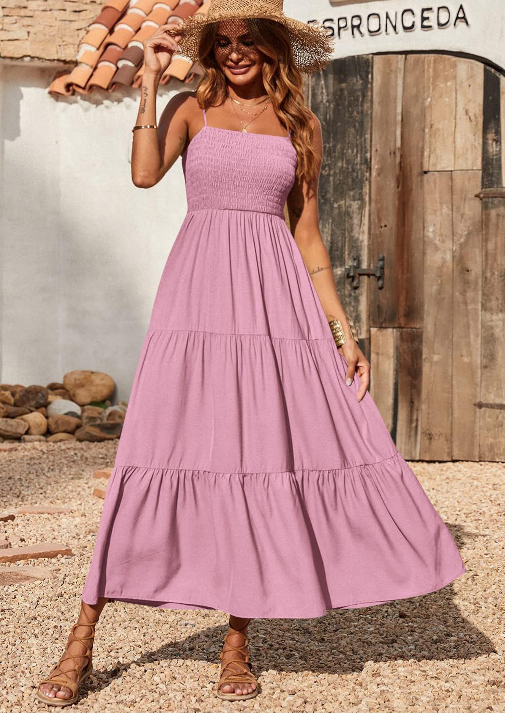 PRETTYGARDEN Women's Summer Maxi Dress Casual Boho Sleeveless Spaghetti Strap Smocked Tiered Long Beach Sundresses PRETTYGARDEN