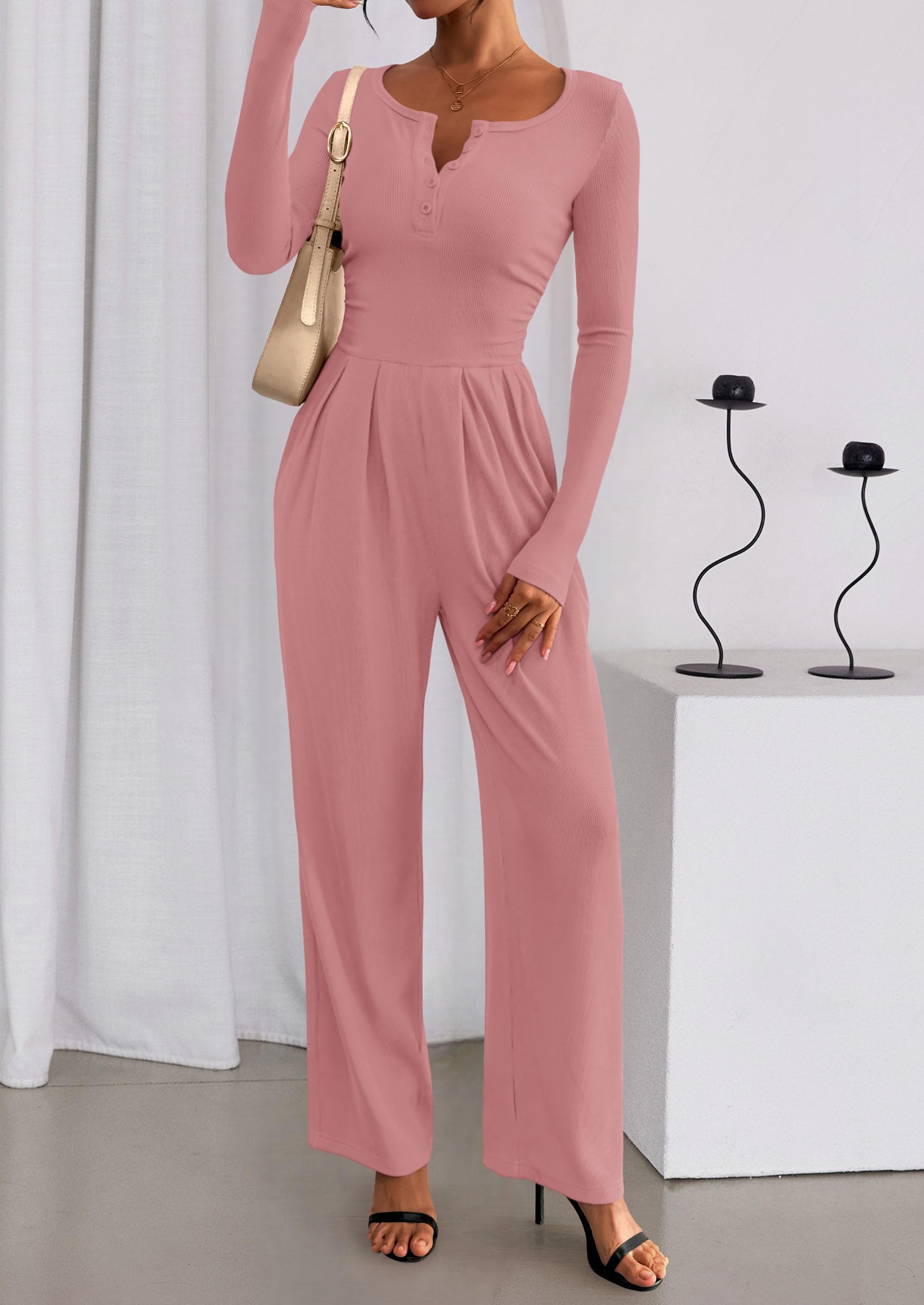 PRETTYGARDEN Jumpsuits for Women Dressy Casual Fall One Piece Outfits Long Sleeve Crew Neck Wide Leg Pants Rompers