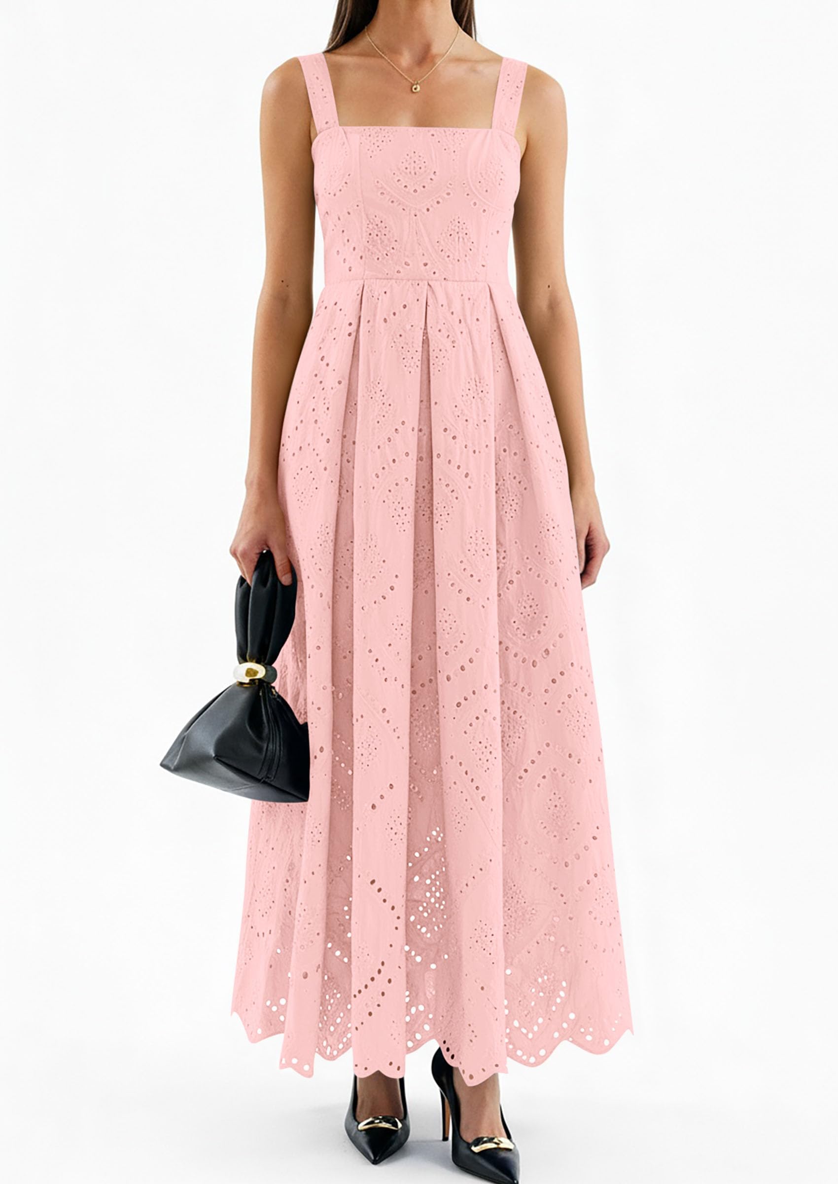 PRETTYGARDEN Womens Sleeveless Maxi Summer Dresses Hollow Out Eyelet Square Neck Ruffle Flowy Beach Vacation Sundress PRETTYGARDEN