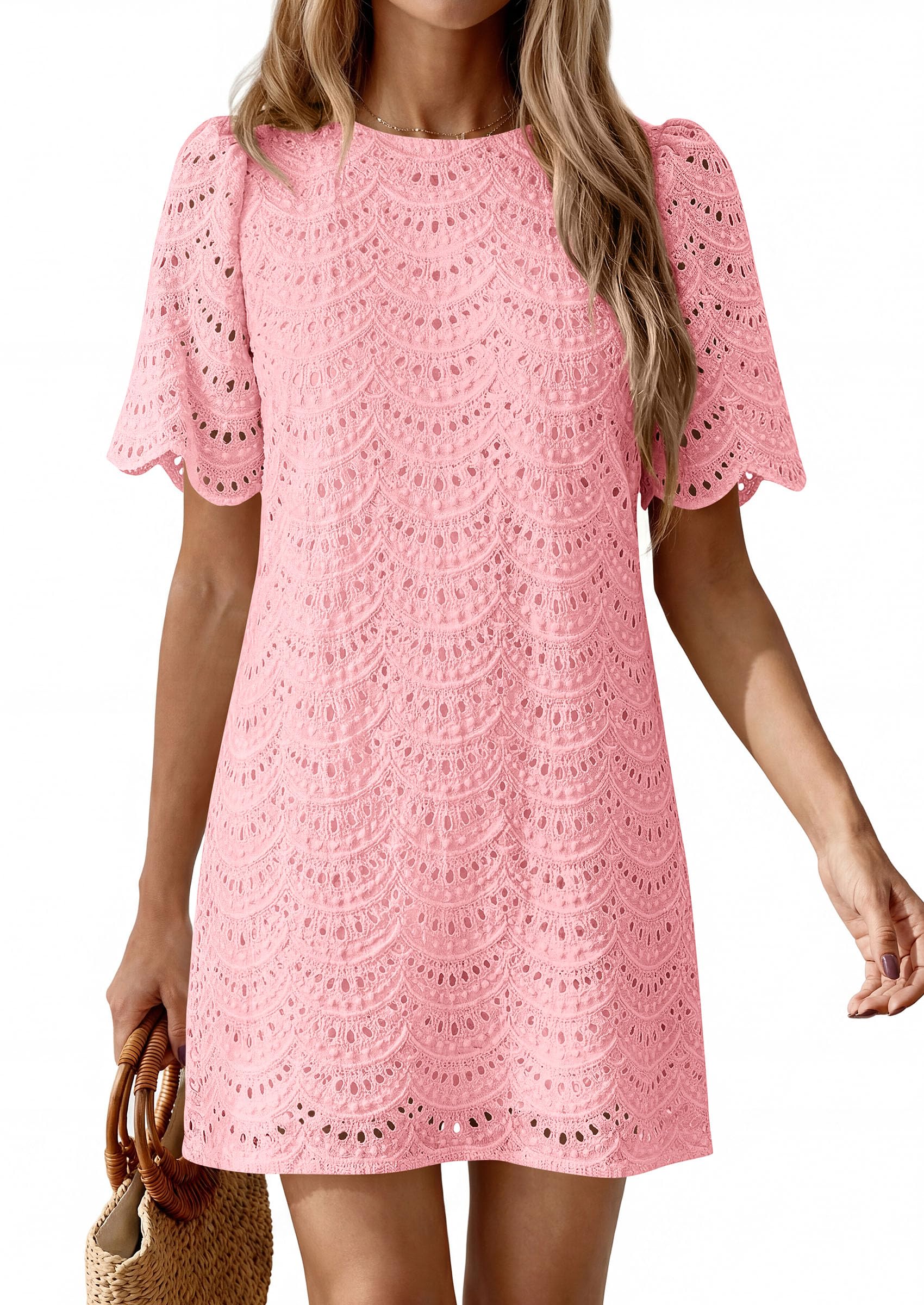 PRETTYGARDEN Women's Summer Casual Short Dresses Embroidered Lace Short Sleeve Boho Mini Dress Beach Vacation Clothes PRETTYGARDEN