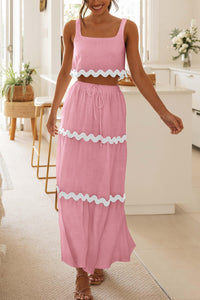 2 Piece Summer Casual Sleeveless Cropped Tank Top High Waisted Maxi Skirt Set