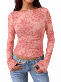 PRETTYGARDEN Women's Bell Sleeve Floral Mesh Crop Tops | Slim Fitted Shirts, Long Sleeve Going Out Top, Ruched Front, Boat Neck, Casual Blouses, Fall Date Night Outfits, Y2K Clothes