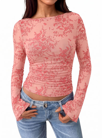 PRETTYGARDEN Women's Bell Sleeve Floral Mesh Crop Tops | Slim Fitted Shirts, Long Sleeve Going Out Top, Ruched Front, Boat Neck, Casual Blouses, Fall Date Night Outfits, Y2K Clothes