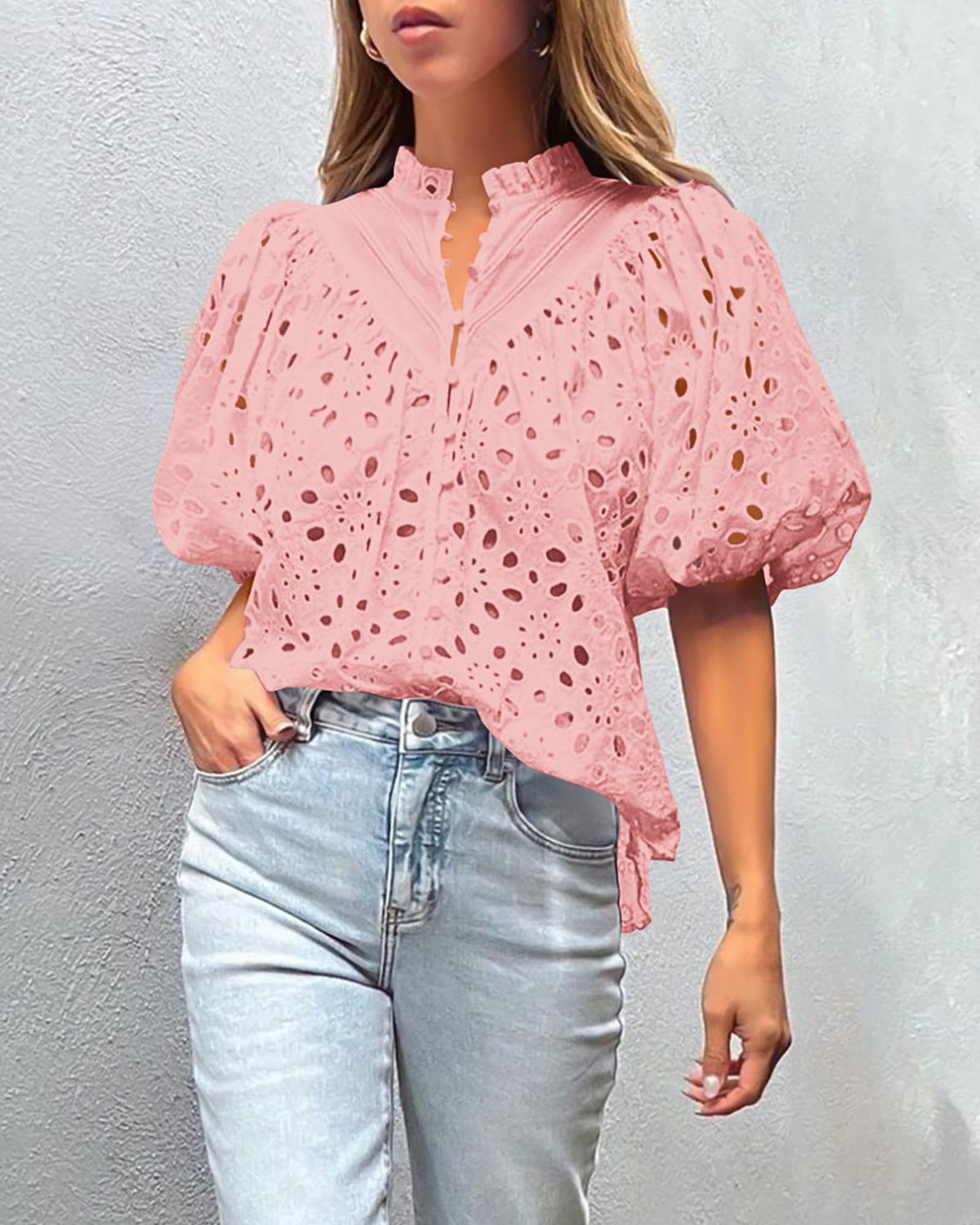 Casual Short Lantern Sleeve V Neck Buttons Hollow Out Lace Embroidered Blouses