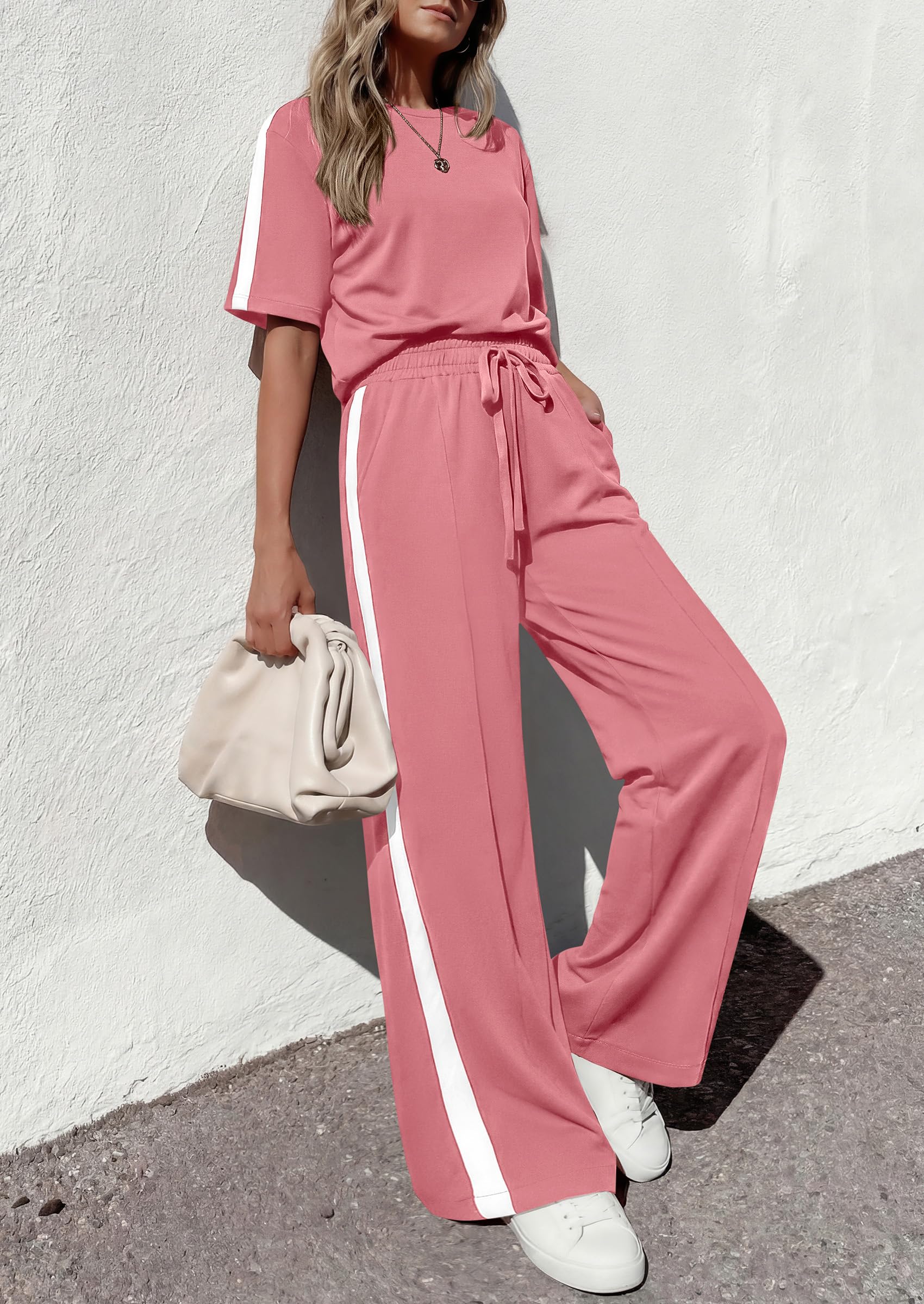 PRETTYGARDEN Women's 2 Piece Sets Summer Casual Short Sleeve Tops Wide Leg Pants Matching Lounge Set Vacation Travel Outfits PRETTYGARDEN