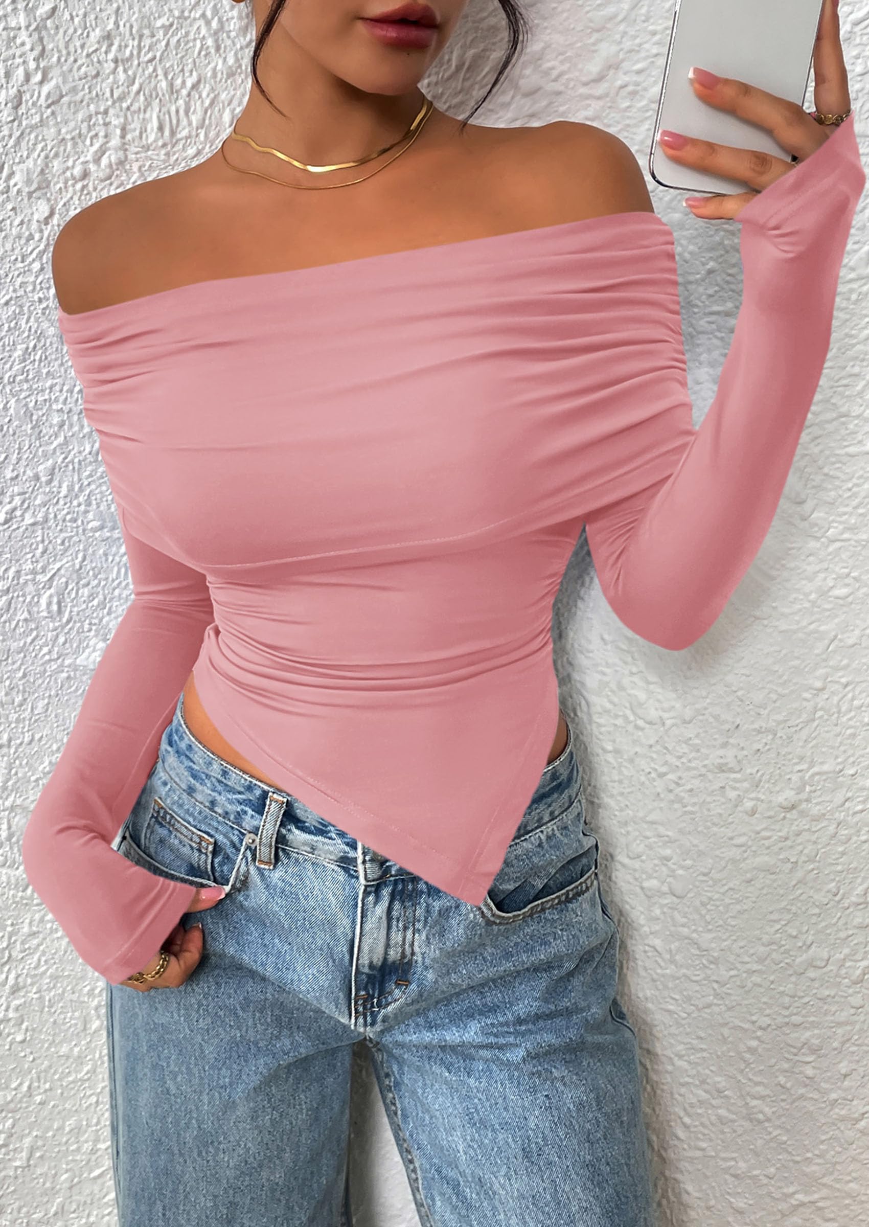 PRETTYGARDEN Women's Long Sleeve Shirts Off Shoulder Tops Going Out Slim Fitted Y2K Blouses Fall Fashion Clothes