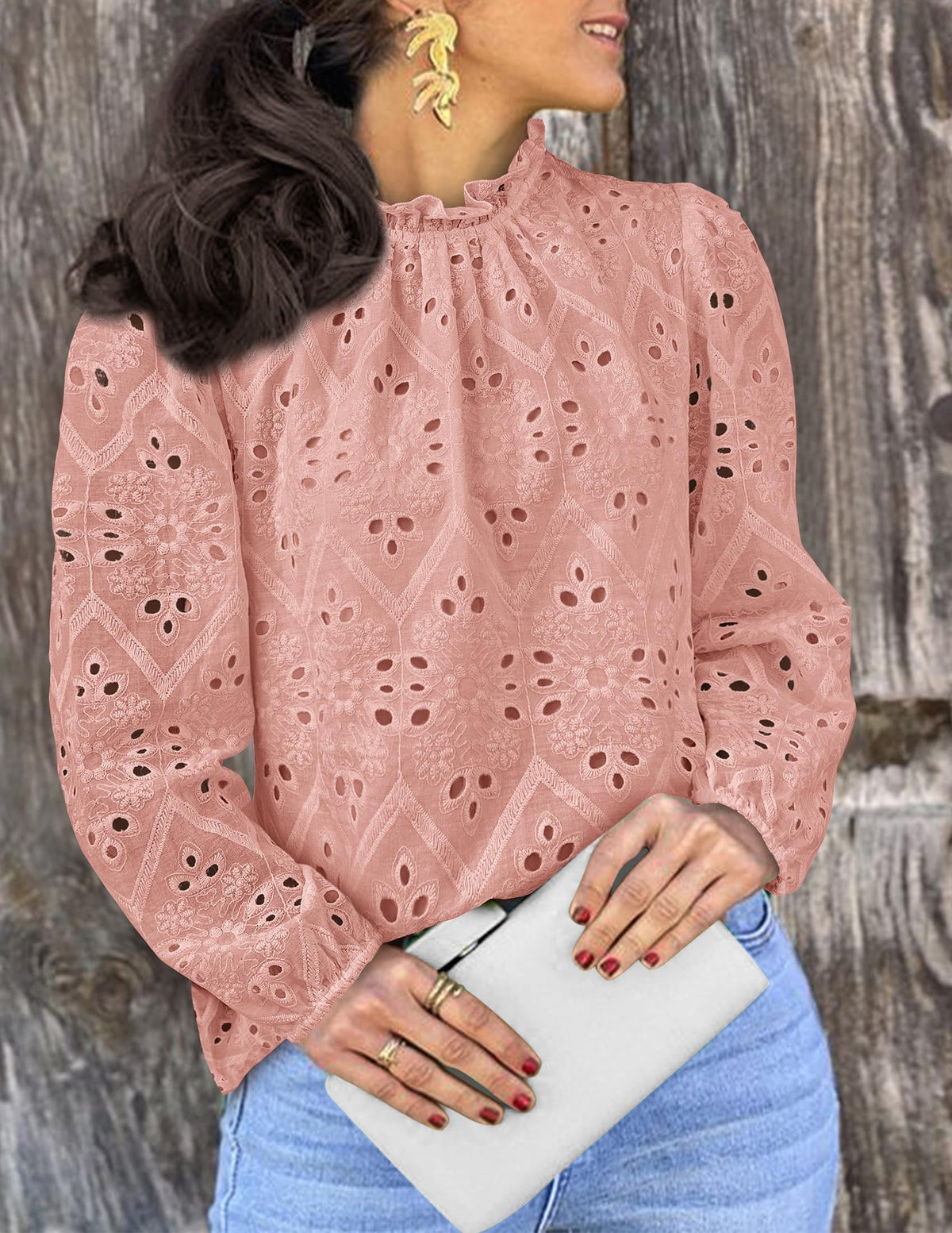 Womens Blouses Dressy Casual Embroidered Long Puff Sleeve Shirts Ruffle Eyelet Lace Top Fall Clothes