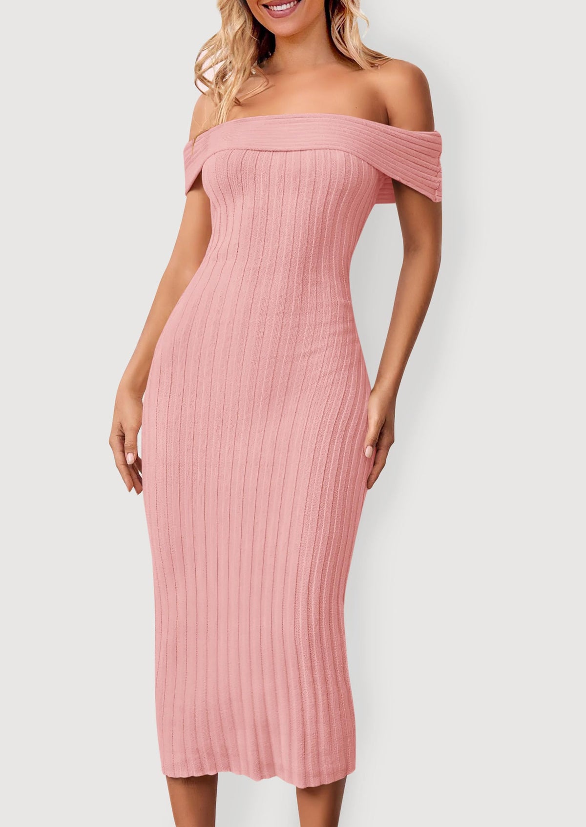 Women's Off The Shoulder Sweater Dresses 2025 Summer Elegant Ribbed Knit Midi Bodycon Wedding Guest Dress