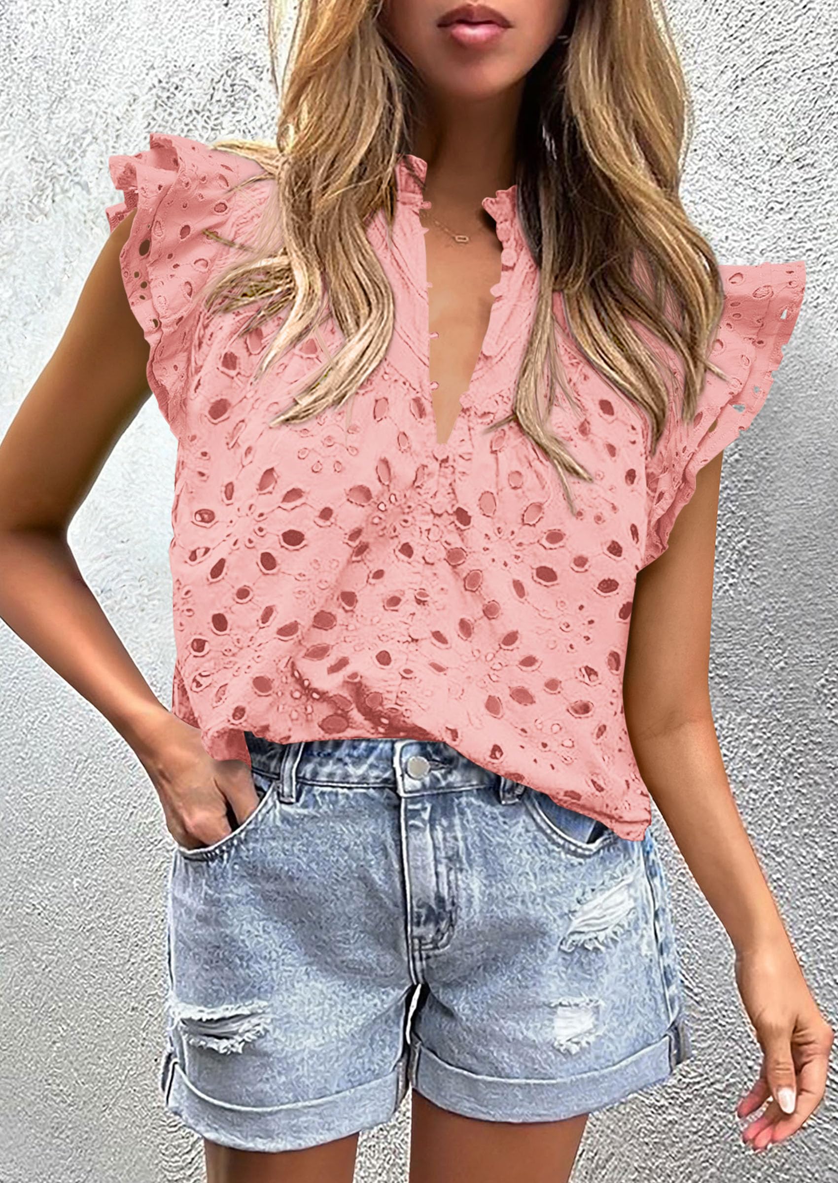 PRETTYGARDEN Womens Summer Tops 2025 Dressy Casual Ruffle Cap Sleeve Button V Neck Embroidered Eyelet Blouses Shirts