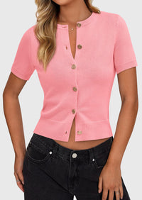 PRETTYGARDEN Womens Casual Summer Short Sleeve Cardigans Button Down Knitted Sweater Basic Crew Neck Crop Tops