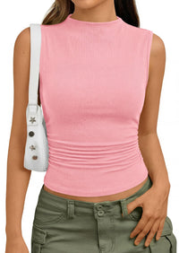 PRETTYGARDEN Tank Top for Women Summer Fashion Clothing Mock Neck Ribbed Knit Slim Fitted Shirts Going Out Tops PRETTYGARDEN