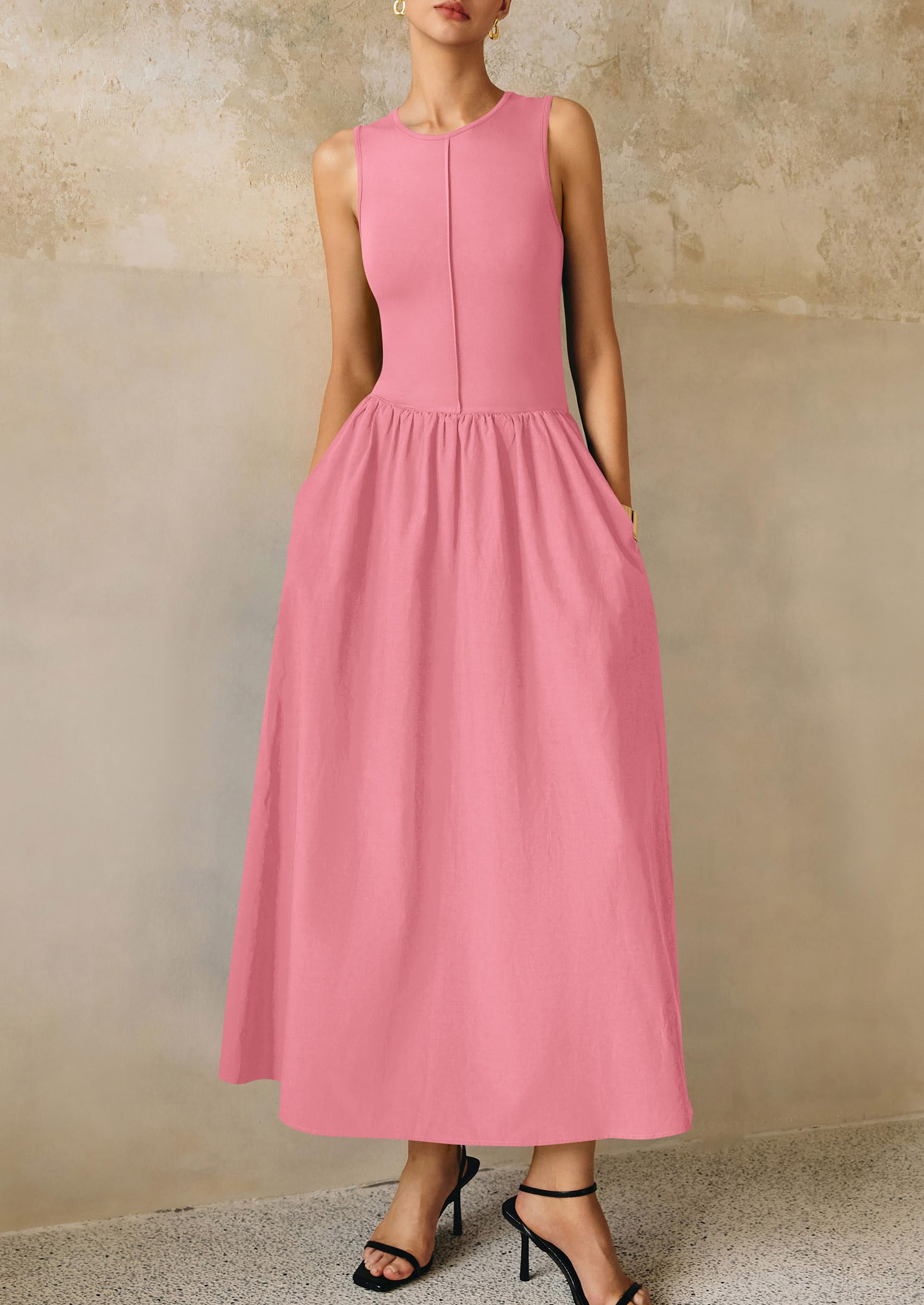 PRETTYGARDEN Women Maxi Dresses Casual Sleeveless Patchwork Knit Tank Dress Flowy Beach Sundress Long Dress