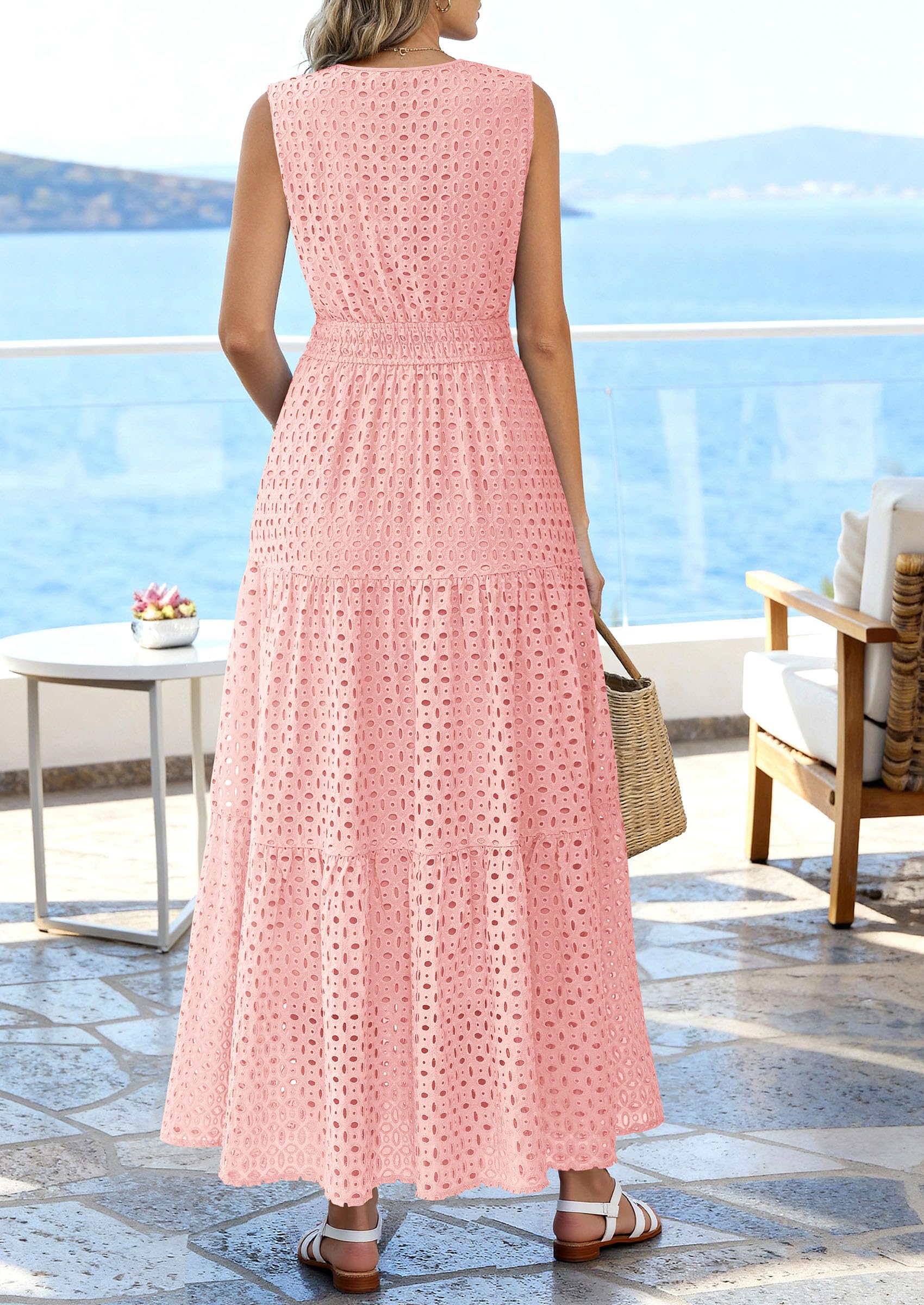 PRETTYGARDEN Summer Dresses for Women Sundresses Sleeveless V Neck Eyelet A Line Flowy Beach Vacation Spring Maxi Dress PRETTYGARDEN