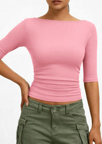 PRETTYGARDEN Womens Summer Short Sleeve Tops Boat Neck Ribbed Knit Slim Fit T Shirt Casual Basic Top Spring Clothes PRETTYGARDEN