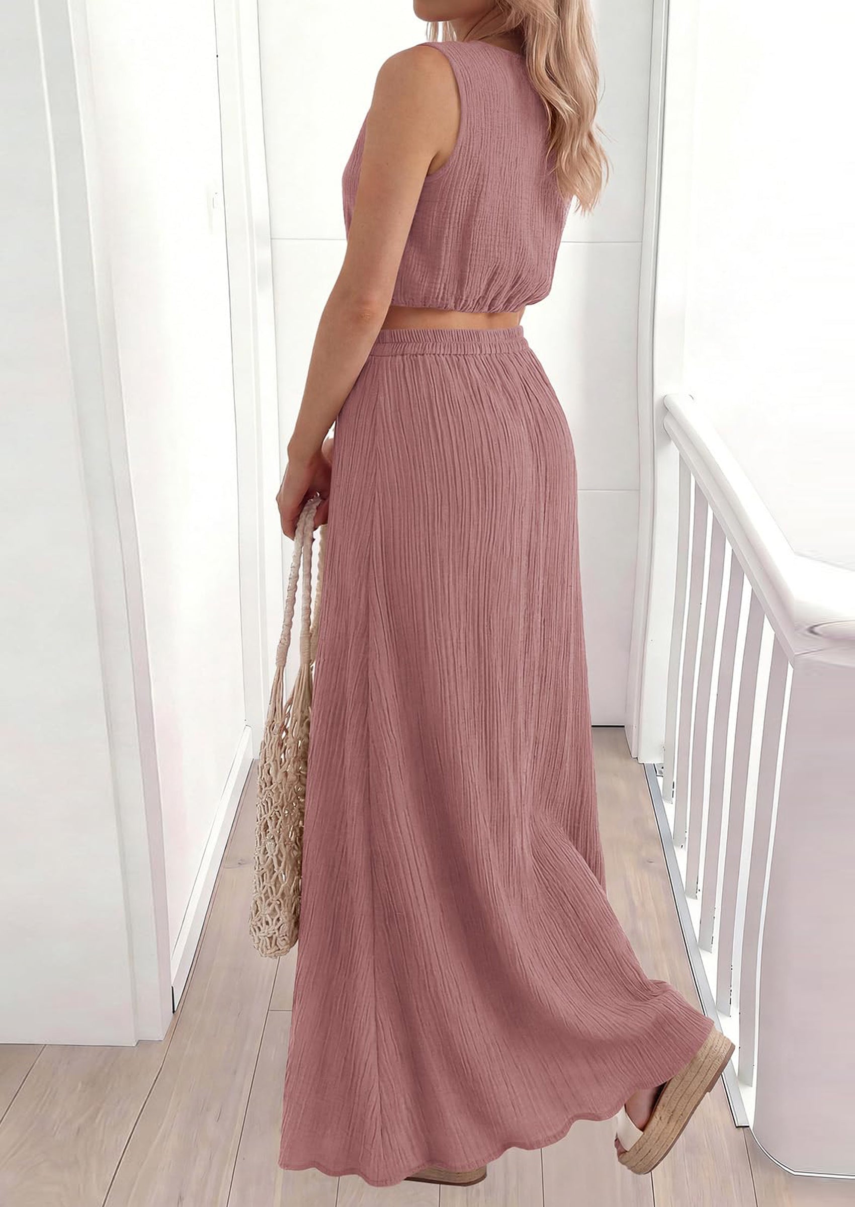 PRETTYGARDEN 2 Piece Sets for Women Summer Outfits Fashion Cotton Sleeveless Crop Top Long Maxi Skirt Set with Pockets
