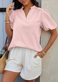 Womens Casual Summer V Neck Short Puff Sleeve Pleated Cotton Loose Dressy Blouses