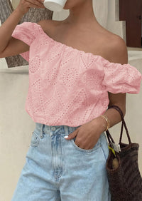 PRETTYGARDEN Women's Summer Off The Shoulder Tops Dressy Casual Puff Short Sleeve Embroidered Eyelet Cute Blouse Shirts PRETTYGARDEN