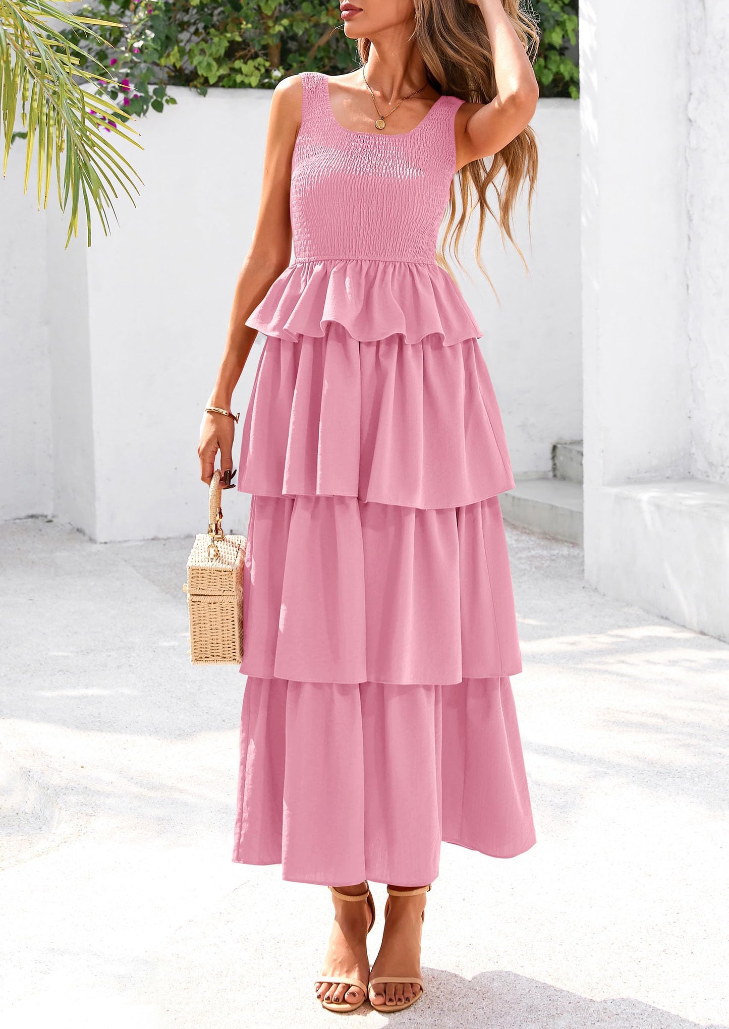 Womens Summer Sleeveless Midi Dress Scoop Neck Tank Top Smocked A Line Tiered Layered Beach Flowy Long Dresses